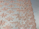 Pink Flower Lace Fabric - Floral Clusters Embroidered With sequins on a Mesh Lace Fabric Sold By The Yard