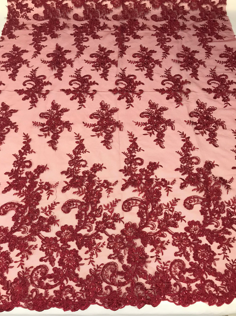 Burgundy Flower Lace Fabric - Floral Clusters Embroidered With sequins on a Mesh Lace Fabric Sold By The Yard