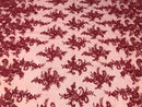 Burgundy Flower Lace Fabric - Floral Clusters Embroidered With sequins on a Mesh Lace Fabric Sold By The Yard