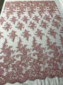 Dusty Rose Flower Lace Fabric - Floral Clusters Embroidered With sequins on a Mesh Lace Fabric Sold By The Yard