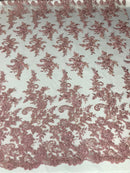 Dusty Rose Flower Lace Fabric - Floral Clusters Embroidered With sequins on a Mesh Lace Fabric Sold By The Yard