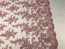 Dusty Rose Flower Lace Fabric - Floral Clusters Embroidered With sequins on a Mesh Lace Fabric Sold By The Yard