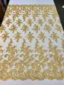 Gold Flower Lace Fabric - Floral Clusters Embroidered With sequins on a Mesh Lace Fabric Sold By The Yard