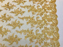 Gold Flower Lace Fabric - Floral Clusters Embroidered With sequins on a Mesh Lace Fabric Sold By The Yard