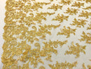 Gold Flower Lace Fabric - Floral Clusters Embroidered With sequins on a Mesh Lace Fabric Sold By The Yard