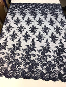 Navy Flower Lace Fabric - Floral Clusters Embroidered With sequins on a Mesh Lace Fabric Sold By The Yard
