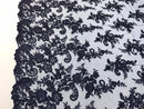 Navy Flower Lace Fabric - Floral Clusters Embroidered With sequins on a Mesh Lace Fabric Sold By The Yard
