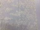 Ivory Flower Lace Fabric - Floral Clusters Embroidered With sequins on a Mesh Lace Fabric Sold By The Yard
