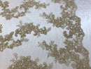 Champagne Floral Lace Fabric, Embroidery With Sequins on a Mesh Lace Fabric By The Yard For Gown, Wedding-Bridal