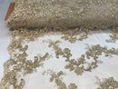 Champagne Floral Lace Fabric, Embroidery With Sequins on a Mesh Lace Fabric By The Yard For Gown, Wedding-Bridal