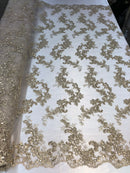 Champagne Floral Lace Fabric, Embroidery With Sequins on a Mesh Lace Fabric By The Yard For Gown, Wedding-Bridal