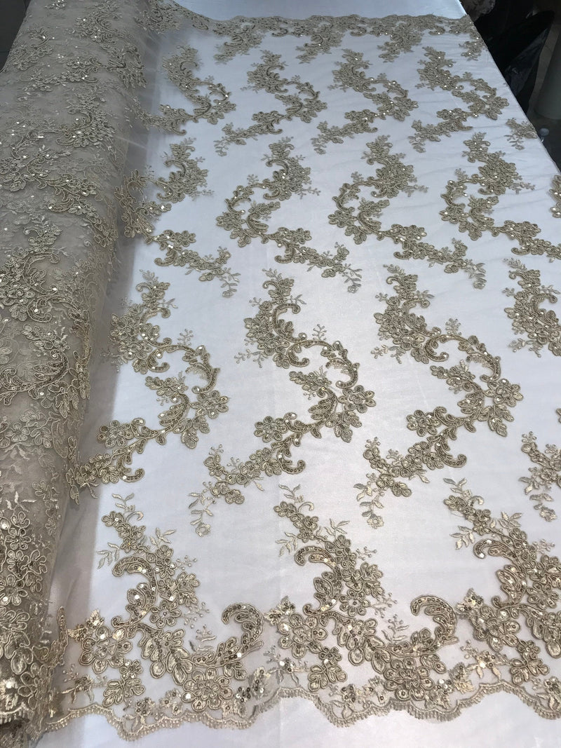 Champagne Floral Lace Fabric, Embroidery With Sequins on a Mesh Lace Fabric By The Yard For Gown, Wedding-Bridal