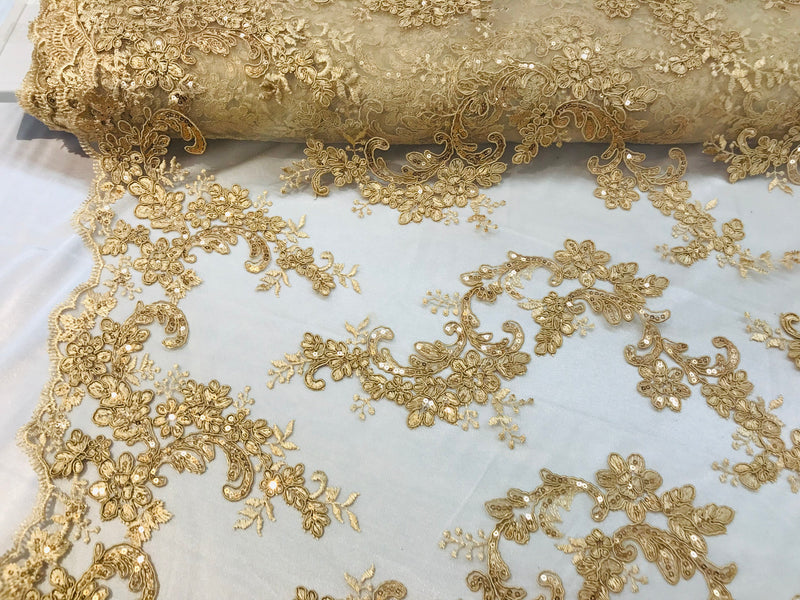 Gold Floral Lace Fabric, Embroidery With Sequins on a Mesh Lace Fabric By The Yard For Gown, Wedding-Bridal