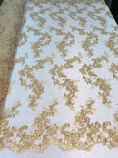 Gold Floral Lace Fabric, Embroidery With Sequins on a Mesh Lace Fabric By The Yard For Gown, Wedding-Bridal