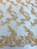 Gold Floral Lace Fabric, Embroidery With Sequins on a Mesh Lace Fabric By The Yard For Gown, Wedding-Bridal