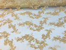 Gold Floral Lace Fabric, Embroidery With Sequins on a Mesh Lace Fabric By The Yard For Gown, Wedding-Bridal