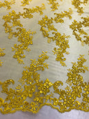 Yellow Floral Lace Fabric, Embroidery With Sequins on a Mesh Lace Fabric By The Yard For Gown, Wedding-Bridal
