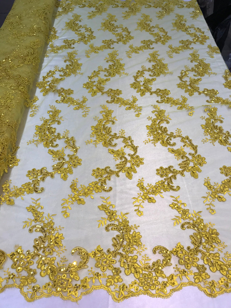 Yellow Floral Lace Fabric, Embroidery With Sequins on a Mesh Lace Fabric By The Yard For Gown, Wedding-Bridal