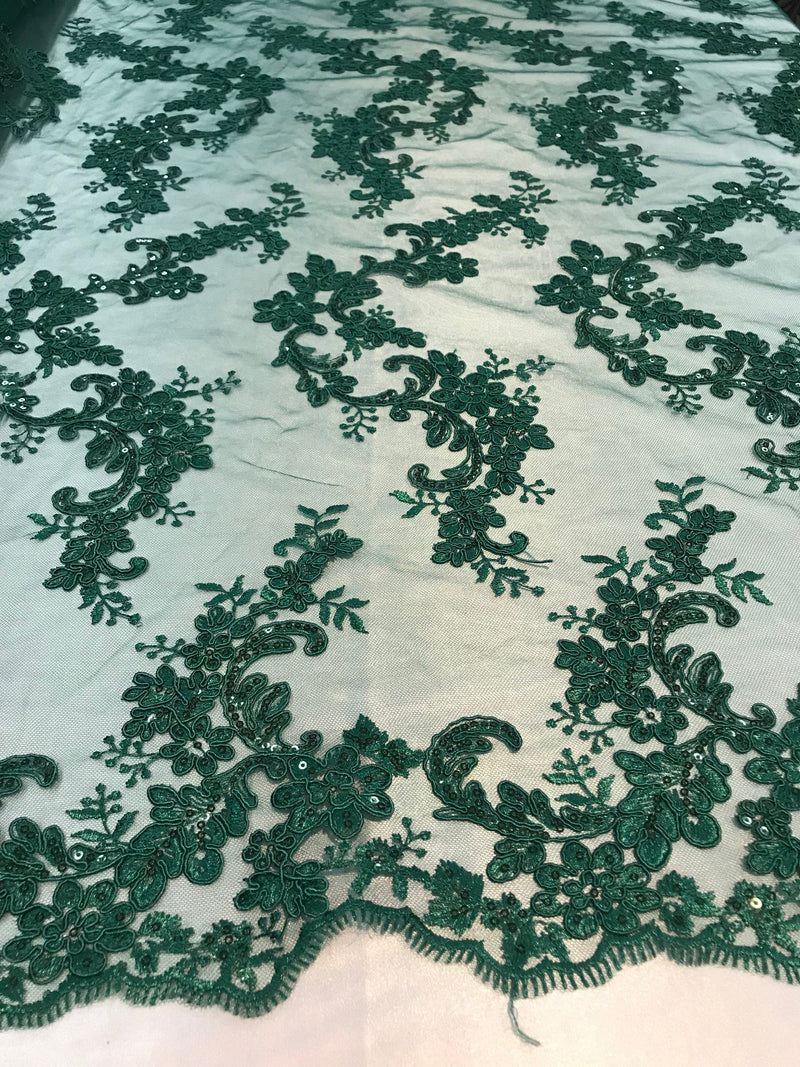 Hunter Green Floral Lace Fabric, Embroidery With Sequins on a Mesh Lace Fabric By The Yard For Gown, Wedding-Bridal