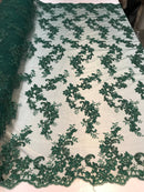 Hunter Green Floral Lace Fabric, Embroidery With Sequins on a Mesh Lace Fabric By The Yard For Gown, Wedding-Bridal