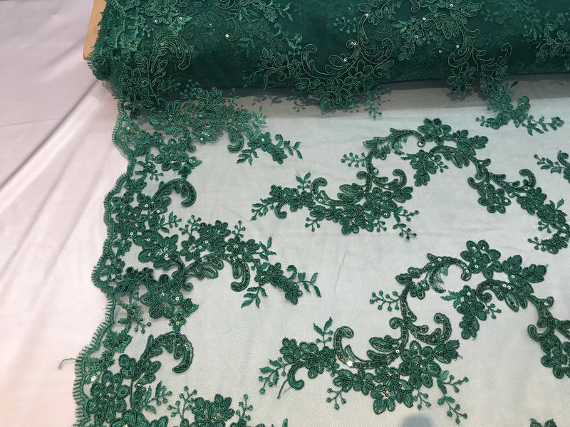 Hunter Green Floral Lace Fabric, Embroidery With Sequins on a Mesh Lace Fabric By The Yard For Gown, Wedding-Bridal