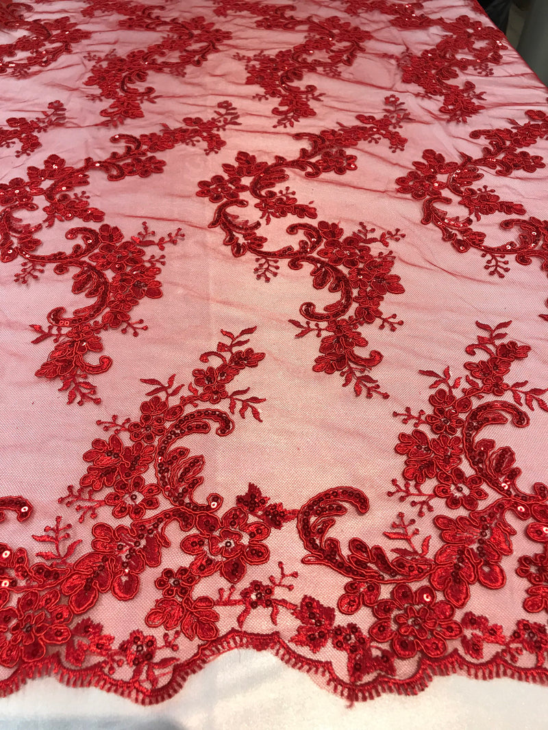 Red Floral Lace Fabric, Embroidery With Sequins on a Mesh Lace Fabric By The Yard For Gown, Wedding-Bridal