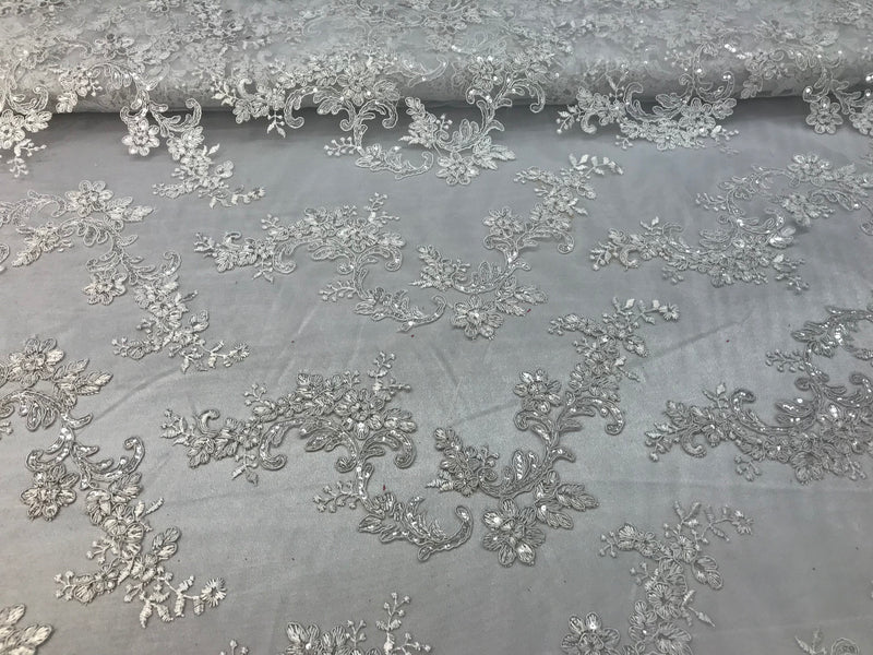 White Floral Lace Fabric, Embroidery With Sequins on a Mesh Lace Fabric By The Yard For Gown, Wedding-Bridal