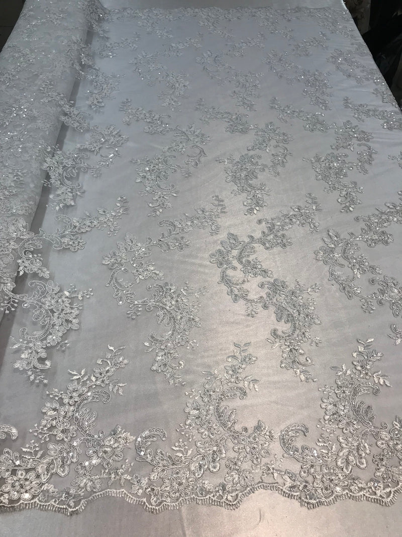 White Floral Lace Fabric, Embroidery With Sequins on a Mesh Lace Fabric By The Yard For Gown, Wedding-Bridal