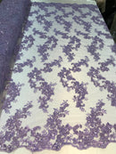 Lilac Floral Lace Fabric, Embroidery With Sequins on a Mesh Lace Fabric By The Yard For Gown, Wedding-Bridal