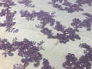 Lilac Floral Lace Fabric, Embroidery With Sequins on a Mesh Lace Fabric By The Yard For Gown, Wedding-Bridal