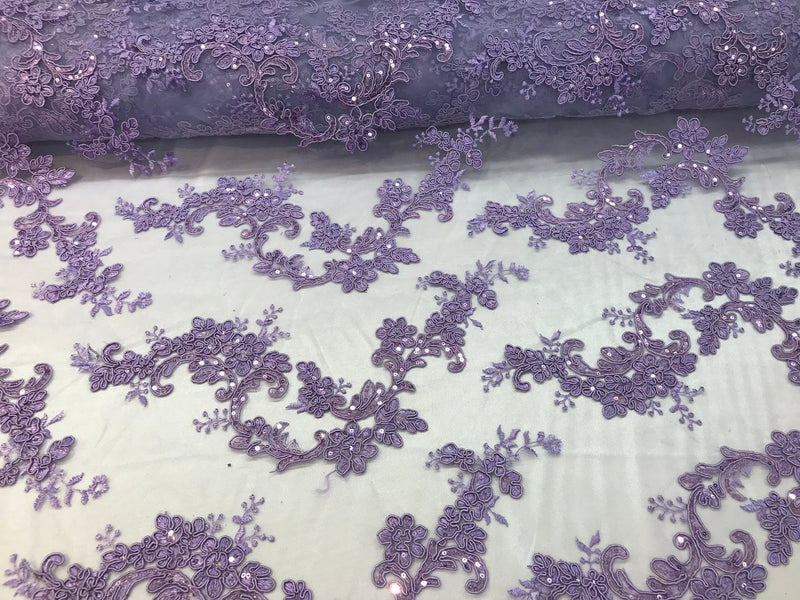 Lilac Floral Lace Fabric, Embroidery With Sequins on a Mesh Lace Fabric By The Yard For Gown, Wedding-Bridal