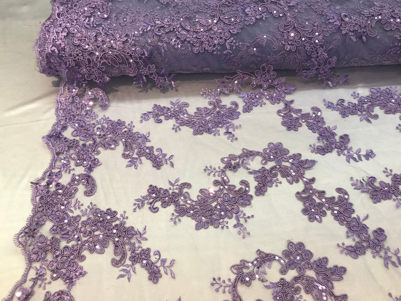 Lilac Floral Lace Fabric, Embroidery With Sequins on a Mesh Lace Fabric By The Yard For Gown, Wedding-Bridal