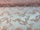 Blush Pink Floral Lace Fabric, Embroidery With Sequins on a Mesh Lace Fabric By The Yard For Gown, Wedding-Bridal