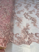 Blush Pink Floral Lace Fabric, Embroidery With Sequins on a Mesh Lace Fabric By The Yard For Gown, Wedding-Bridal