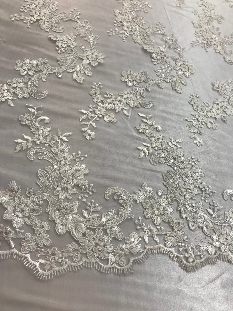 Ivory Floral Lace Fabric, Embroidery With Sequins on a Mesh Lace Fabric By The Yard For Gown, Wedding-Bridal
