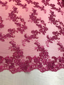 Fuchsia Floral Lace Fabric, Embroidery With Sequins on a Mesh Lace Fabric By The Yard For Gown, Wedding-Bridal