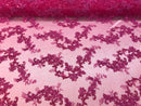 Fuchsia Floral Lace Fabric, Embroidery With Sequins on a Mesh Lace Fabric By The Yard For Gown, Wedding-Bridal