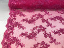 Fuchsia Floral Lace Fabric, Embroidery With Sequins on a Mesh Lace Fabric By The Yard For Gown, Wedding-Bridal