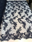 Navy Floral Lace Fabric, Embroidery With Sequins on a Mesh Lace Fabric By The Yard For Gown, Wedding-Bridal