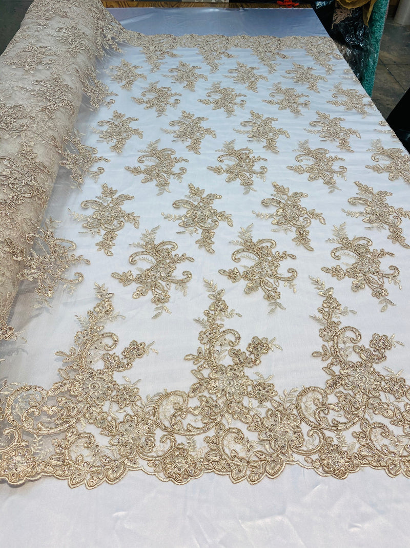 Champagne Lace Fabric, Corded Flower Embroidery With Sequins on a Mesh Lace Fabric By The Yard For Gown, Wedding-Bridal-Dress