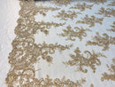 Champagne Lace Fabric, Corded Flower Embroidery With Sequins on a Mesh Lace Fabric By The Yard For Gown, Wedding-Bridal-Dress