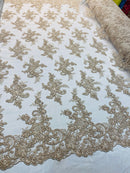 Champagne Lace Fabric, Corded Flower Embroidery With Sequins on a Mesh Lace Fabric By The Yard For Gown, Wedding-Bridal-Dress