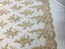 Champagne Lace Fabric, Corded Flower Embroidery With Sequins on a Mesh Lace Fabric By The Yard For Gown, Wedding-Bridal-Dress