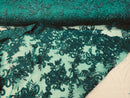 Hunter Green Lace Fabric, Corded Flower Embroidery With Sequins on a Mesh Lace Fabric By The Yard For Gown, Wedding-Bridal-Dress