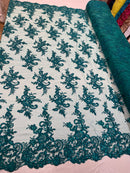 Hunter Green Lace Fabric, Corded Flower Embroidery With Sequins on a Mesh Lace Fabric By The Yard For Gown, Wedding-Bridal-Dress