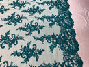 Hunter Green Lace Fabric, Corded Flower Embroidery With Sequins on a Mesh Lace Fabric By The Yard For Gown, Wedding-Bridal-Dress