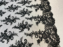 Black Lace Fabric, Corded Flower Embroidery With Sequins on a Mesh Lace Fabric By The Yard For Gown, Wedding-Bridal-Dress