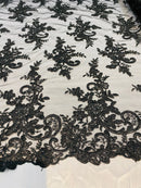 Black Lace Fabric, Corded Flower Embroidery With Sequins on a Mesh Lace Fabric By The Yard For Gown, Wedding-Bridal-Dress