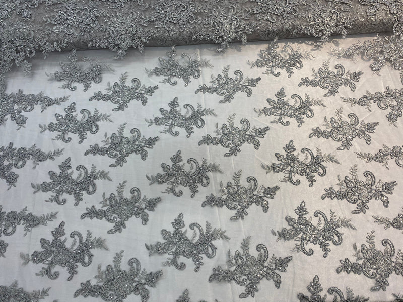 Silver Lace Fabric, Corded Flower Embroidery With Sequins on a Mesh Lace Fabric By The Yard For Gown, Wedding-Bridal-Dress
