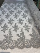 Silver Lace Fabric, Corded Flower Embroidery With Sequins on a Mesh Lace Fabric By The Yard For Gown, Wedding-Bridal-Dress